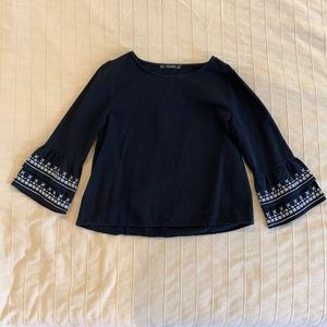 Black Zara Cotton top with white embroidered bell sleeves
